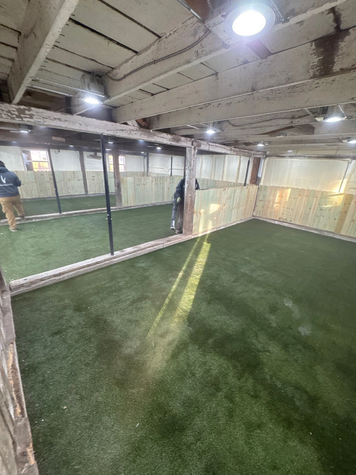 Indoor basement dog park with K9Grass Elite artificial turf, wood panel walls, glass dividers, and overhead LED lighting in Pittsboro, IN.