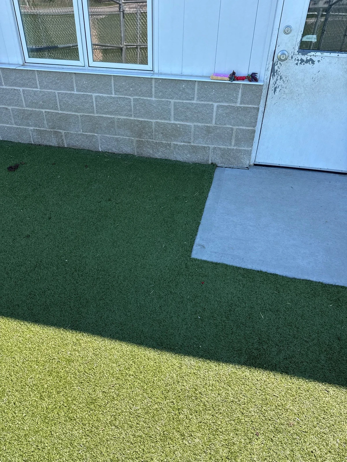 K9Grass artificial turf repair at Johnson County Animal Shelter with concrete pad near cinder block building entrance.