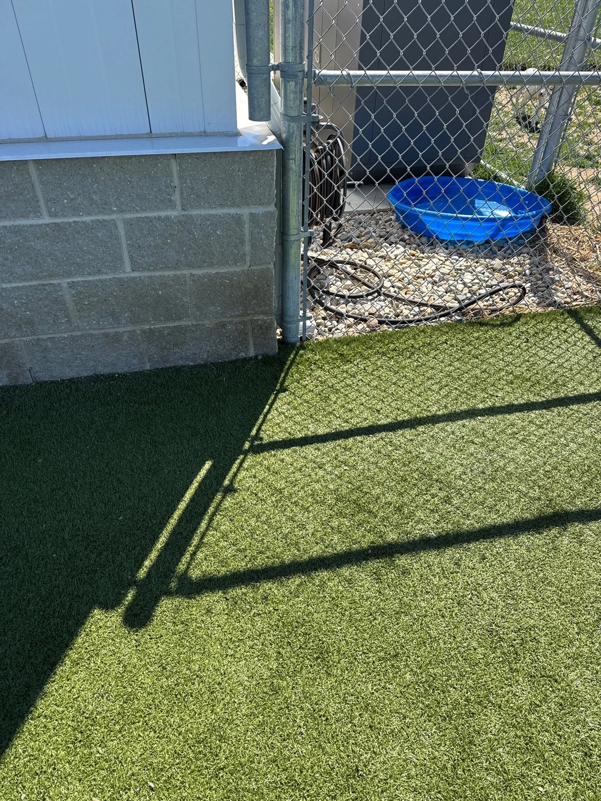 K9Grass artificial turf installed along chain-link fence at Johnson County Animal Shelter pet yard with gravel border and blue water bowl.